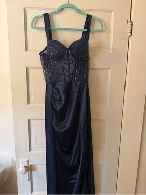 Navy Blue Sequin Bustier Evening Dress